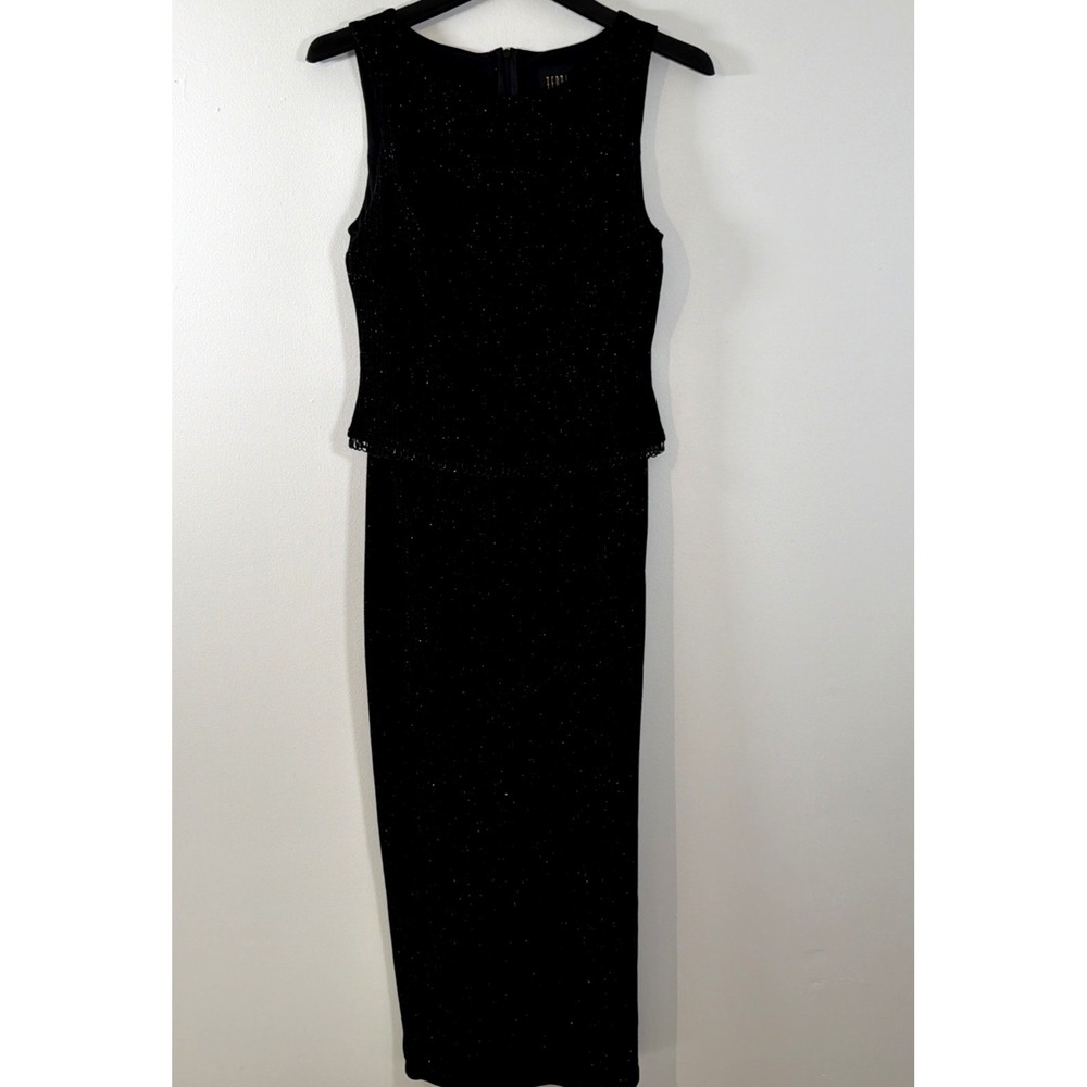 Teddi Evening Black Sparkle Cocktail Evening Dress 8 Tank Top Peplum Long Fitted